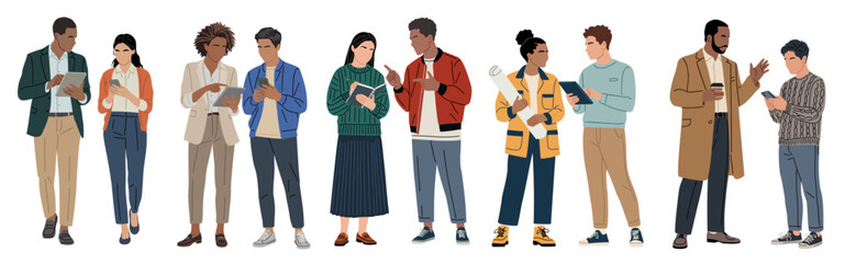 Fototapeta premium Flat vector illustration of diverse business people collaborating, mentoring, and leading staff. Full-body characters in professional attire, teamwork and leadership concept.