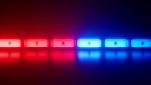 Lights police red and blue flashing with reflections on dark surface, emergency illumination featuring siren, strobe, law enforcement with urgent and