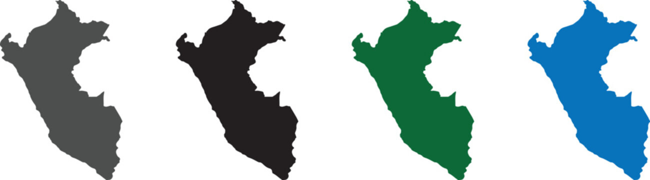 Peru Map Silhouette Vector Illustration - Set of Four Minimalist Geographic Outlines in Grey, Black, Green, and Blue for South American Travel and Educational Design