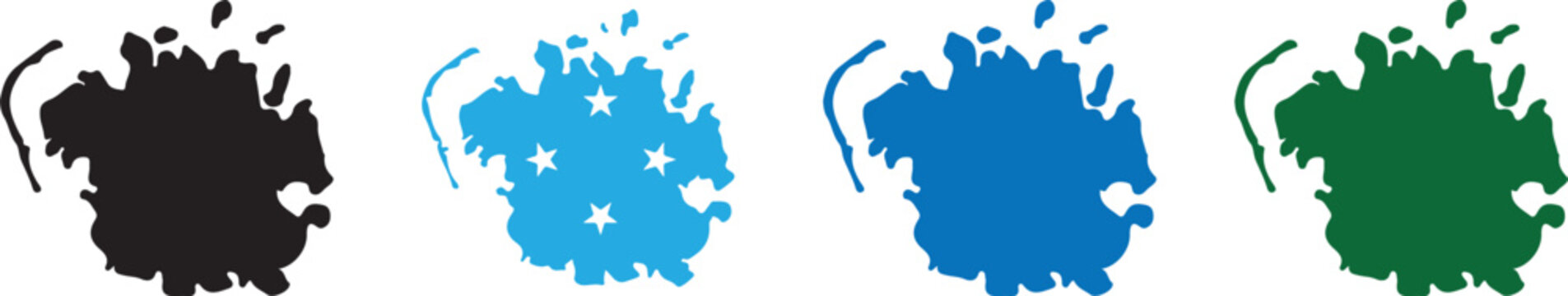 Federated States of Micronesia Map Silhouette Set with Artistic Paint Splatter Effect, Grunge Map of Micronesia Islands in Black, Blue, and Green Colors, Vector Isolated Geographic Icons for Travel an