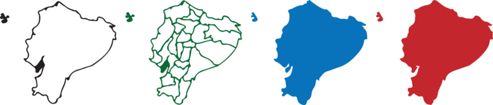 Ecuador Map Vector Set: Detailed Silhouette, Provincial Borders, and Solid Color Contours with Galapagos Islands &ndash; Isolated Graphic Elements for Infographics and Design