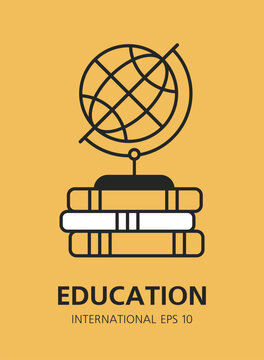 Line art vector illustration of a globe on a stack of books against a yellow background. Education, international learning, school posters, geography,