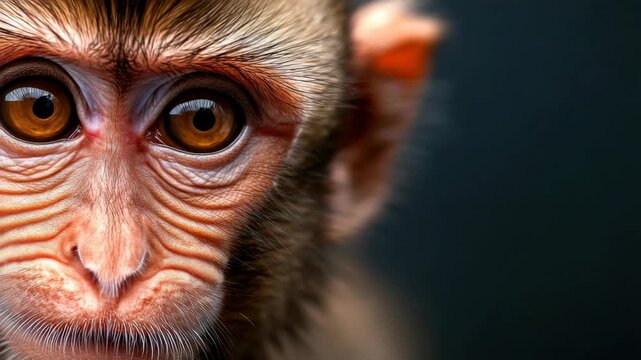 Cute monkey looks directly at camera in close-up view during sunny afternoon in a forest habitat