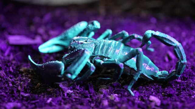 inematic 4K extreme close-up video of a wild scorpion exhibiting striking cyan fluorescence under ultraviolet light in the dark. Detailed macro nature videography showcasing the arachnid's glowing exo