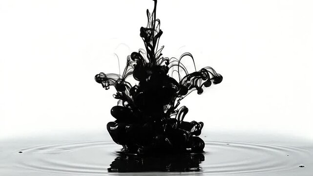 Black ink cloud dissolving in clear liquid creating abstract shapes and patterns