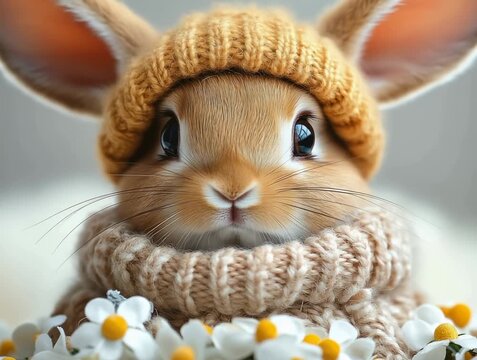 Cute bunny wearing sweater and hat surrounded by flowers indoors during daytime
