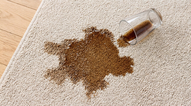 Coffee spill stain on carpet from overturned glass cup