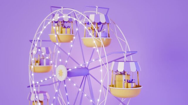 Gift boxes on ferris wheel 3d rendering animation. Earning prizes, bonus or rewards from store. online present or gift. Christmas, Valentine's Day holiday, birthday. Looped background
