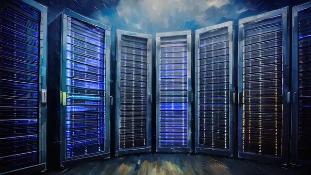 Five server racks stand in a semi-circle, lit internally with purple and blue light