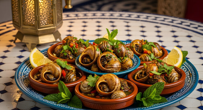 Hidangan Tradisional Siput Maroko (Babbouche) dengan Rempah dan Mint di Atas Meja Mosaik