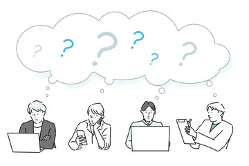 ビジネスパーソンー複数ー疑問ー上半身ー男性ー困ったー質問ーアイコンーシンプルベクターイラスト素材