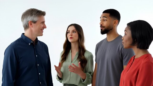 Diverse Group of People Interacting and Smiling in Studio Setting, Medium Shot