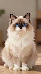Fototapeta premium Fluffy Ragdoll Cat with Striking Blue Eyes Sitting on Wooden Floor in Cozy Indoor Home Environment Natural Pet Photography