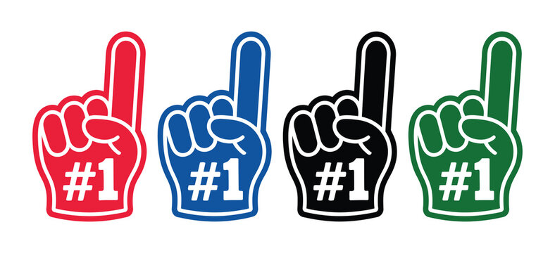 Fan foam hands number one set, of sports fan finger gloves with #1 sign, colorful supporter icons in red blue green and black for game cheering, winner champion celebration concept