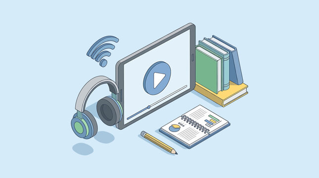 Engaging digital learning experience concept featuring tablet, headphones, books, and study essentials for modern online education