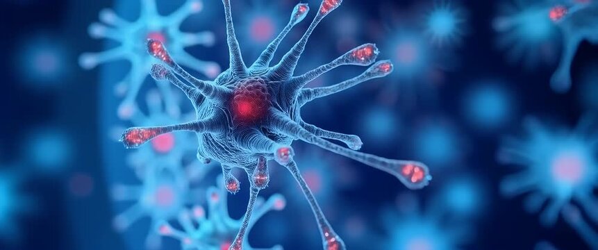 Microscopic virus particles gently rotate in a cinematic close-up, with a slow pan revealing intricate details, evoking a sense of scientific exploration and innovation.