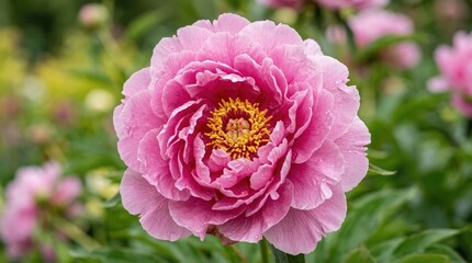 Fototapeta premium Close-Up of Beautiful Pink Peony Flower in Full Bloom Against Lush Green Background