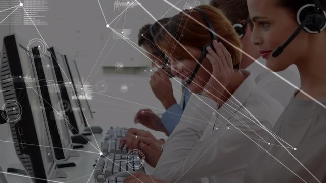 Animation of network of connections and world map over business people using phone headsets