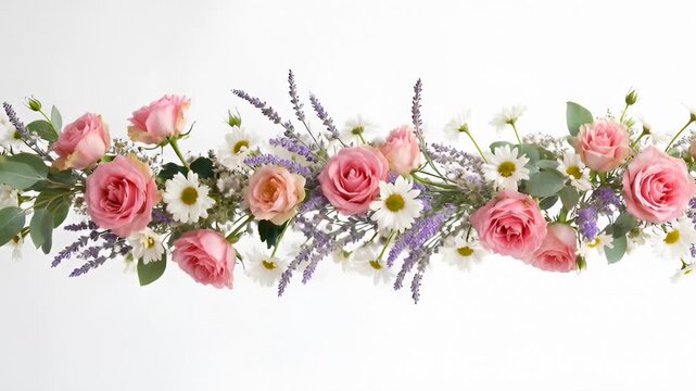 Elegant Floral Arrangement With Pink Roses, Lavender, and Daisies on White Background