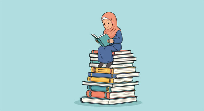 Young Muslim girl wearing a hijab, deeply engrossed in reading a book while perched atop a towering pile of literature, representing wisdom and learning.