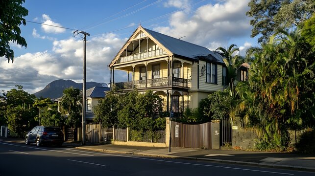 Yellow Queenslander house with ornate balconies and lush greenery