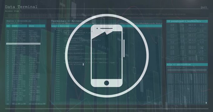 Animation of smartphone icon over interface with statistical data processing on grey background