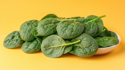 Fototapeta premium Fresh spinach leaves in a white bowl on yellow (1)