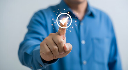 Man confirming approval with glowing checkmark on finger