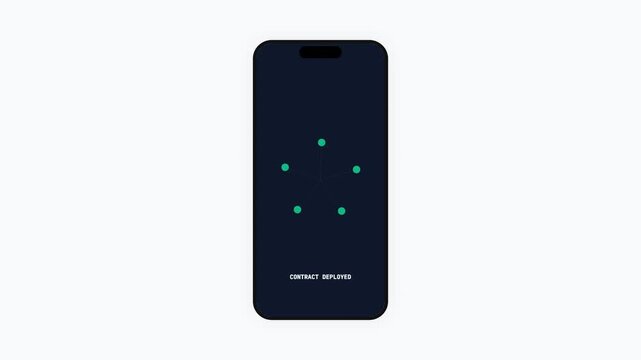 Blockchain Smart Contract Deployment Simulation on Smartphone Screen with Validating Blocks Process and Success Confirmation Animation for Decentralized Finance and Web3 Technology Concept