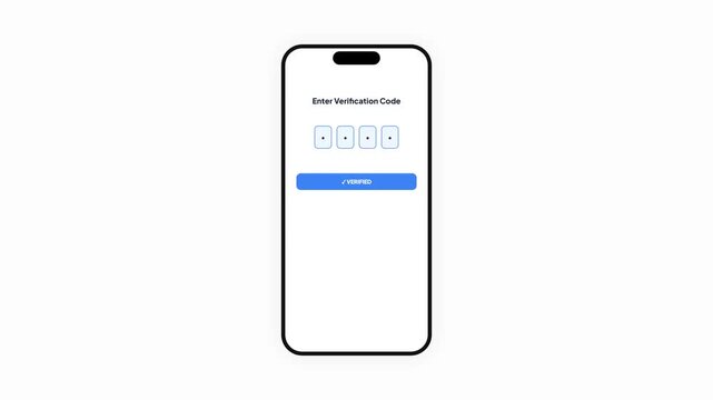 Mobile App Interface Simulation for Entering 2FA Verification Code with Pin Number Input Animation and Verified Success Button for Secure Online Account Authentication and Login Process