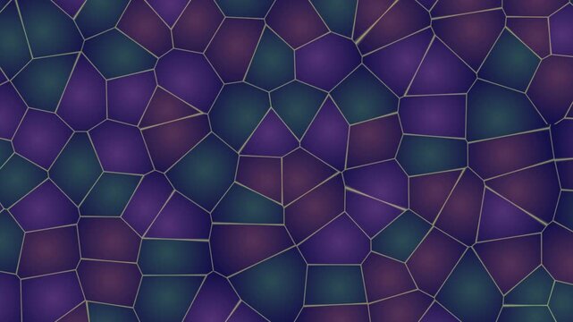Abstract geometric mosaic pattern with vibrant purple, teal, and blue polygons. A modern digital background evoking dynamic visualizer and elegant stained glass art