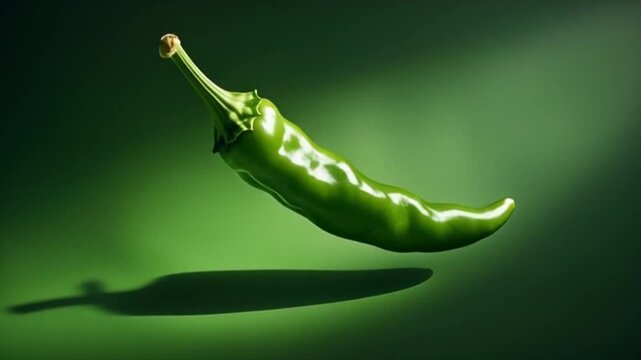 Floating green chili pepper captured in extreme macro detail, illuminated by soft but high intensity studio lights that create sharp highlights and deep contrast, dynamic food advertising aesthetic