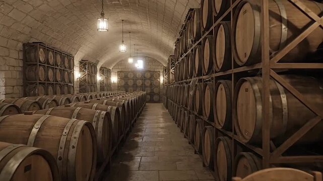 A dimly lit cellar filled with rows of wooden barrels and a small table with wine glasses