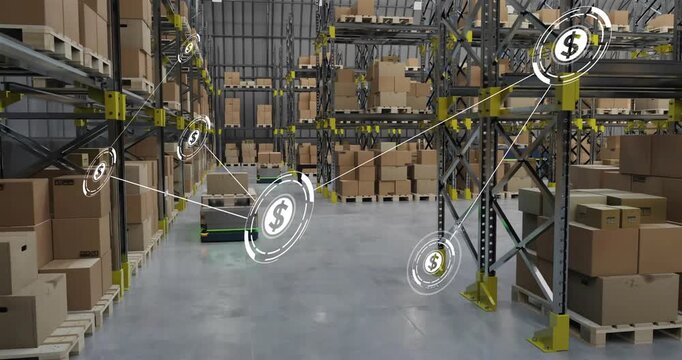 Animation of network of connections with icons over robot in warehouse