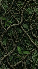 Dense Jungle Vines and Ferns Overlapping in a Natural Pattern.