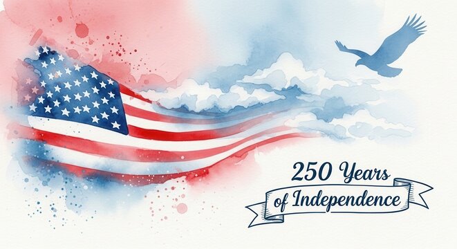Artistic watercolor American flag with flying eagle and 250 years of independence text. Creative patriotic background for Fourth of July and United States 250th anniversary events.