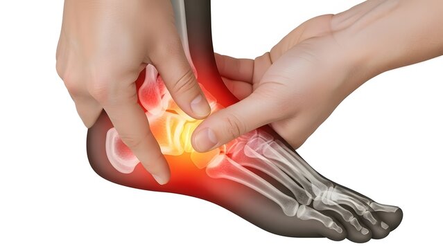 Ankle bone anatomy and foot pain diagnosis. Podiatry care and orthopedic health. Hands touching an inflamed ankle joint showing internal skeletal structure