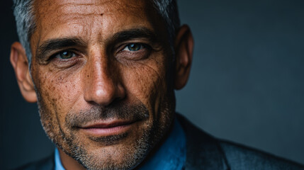 Obraz premium Close-up portrait of a mature man with graying hair and weathered skin, looking thoughtful