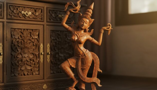 Exquisitely Carved Teak Wood Apsara Sculpture in Traditional Southeast Asian Style