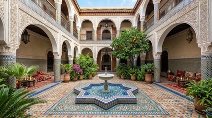 Obraz premium Beautiful Moroccan Courtyard Featuring Intricate Tile Work, Lush Greenery, and Decorative Elements