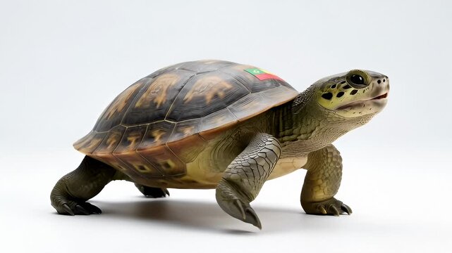 Turtle With a Flag on Its Shell Slowly Walking Forward on a White Background