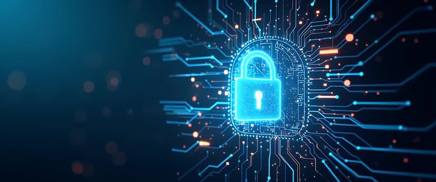 Glowing digital padlock rotates slowly, surrounded by dynamic circuit patterns; the camera gently tracks right, enhancing the futuristic, cybersecurity theme in a cinematic style.