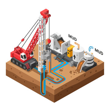 Isometric illustration of a drilling rig and mud circulation system for oil and gas extraction.