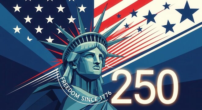 Bold Statue of Liberty portrait with abstract flag and 250 years of freedom text. Dynamic patriotic illustration for the American 250th anniversary and July 4th celebrations.