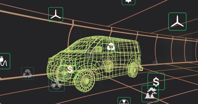 On start icons appearing around wireframe van in grid tunnel, showing energy, eco impact and cost