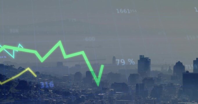 Transparent line graphs appearing over skyline, rising and oscillating to visualize financial data