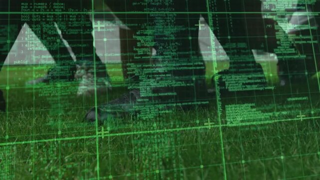 Green code overlay appearing on turf, then players trapping and kicking ball demonstrating gameplay