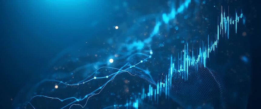 Dynamic stock market data visualizations pulse energetically, with a steady camera pan revealing a futuristic, cinematic finance scene enhanced by ambient digital light flickers.