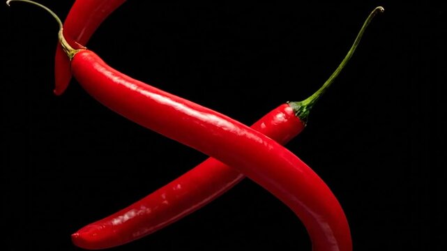 Two vibrant red chili peppers arranged in a stylized letter S shape on a black background