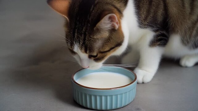 White and Tabby Cat Drinking Milk from Blue Ceramic Bowl, Whiskers Touching Milk on Gray Surface, Close-Up Photo Perspective
